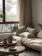 The living room features a Japanese-inspired wooden sofabed, soft beige carpet on the floor, white walls with sun and shade, modern minimalist interior design, plants, a magazine, and a cosy Bohemian 