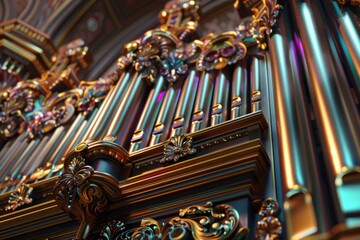 Detailed view of a pipe organ in a church, perfect for religious themes