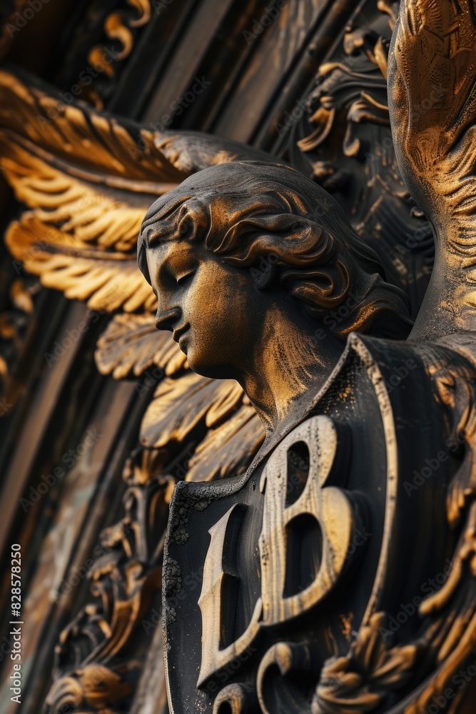 Poster close up of an angel statue on a building. suitable for architectural and religious concepts