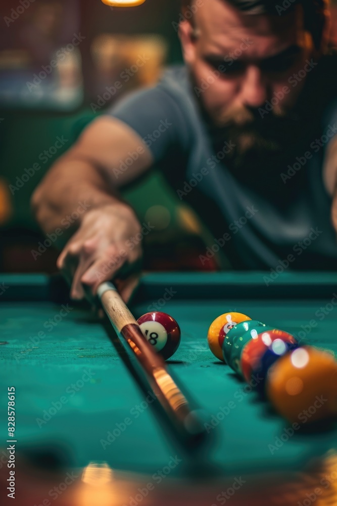 Poster a man leaning over a pool table with a cue. suitable for sports and leisure concepts