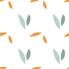 Seamless pattern of abstract orange, green leaves on white background. Hand drawn Doodle Print in Printmaking style with raster texture effect. Repeated Background for wallpaper, packing, wrapping