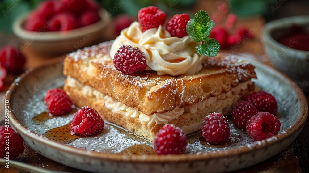 Poster elegant breakfast setting with fresh raspberries and whipped cream generative ai