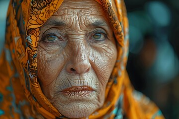 Obraz premium old arabian woman face picture with blur background focusing on her expression and traditional attire