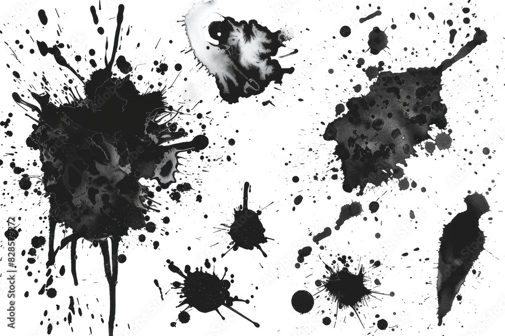 Poster abstract black ink splatters on a clean white background. great for artistic projects or graphic des