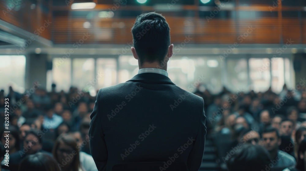 Poster a man in a suit standing in front of a crowd, suitable for business presentations
