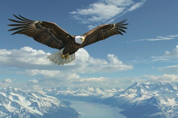 Obraz premium Majestic eagle soaring above rugged mountain peaks, ideal for nature and wildlife concepts