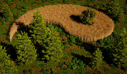 Yin and Yang, balance between agriculture and nature conservation - 3d illustration