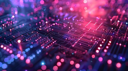 Obraz premium Glowing Neon Circuit Lines Illuminating Futuristic Technology Concept in Vibrant Colors on Dark Background, Symbolizing Innovation and Connectivity in Modern Digital World