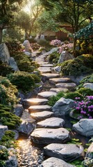 Stepping stones in a lush garden with a traditional house in the background