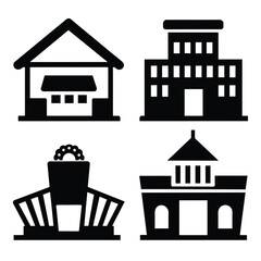 Set of Shopping mall building vector icon black vector on white background