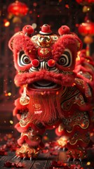 Fototapeta premium A red and gold lion with a black face is standing on a wooden stage and performing. The stage is surrounded by red cloth, golden tassels and black lanterns, creating a festive atmosphere.