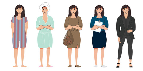 An illustration of a group of women showing different roles they play at different times, days and stages of life
