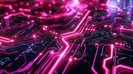 Obraz premium Glowing Neon Circuit Lines Illuminating Futuristic Technology Concept in Vibrant Colors on Dark Background, Symbolizing Innovation and Connectivity in Modern Digital World