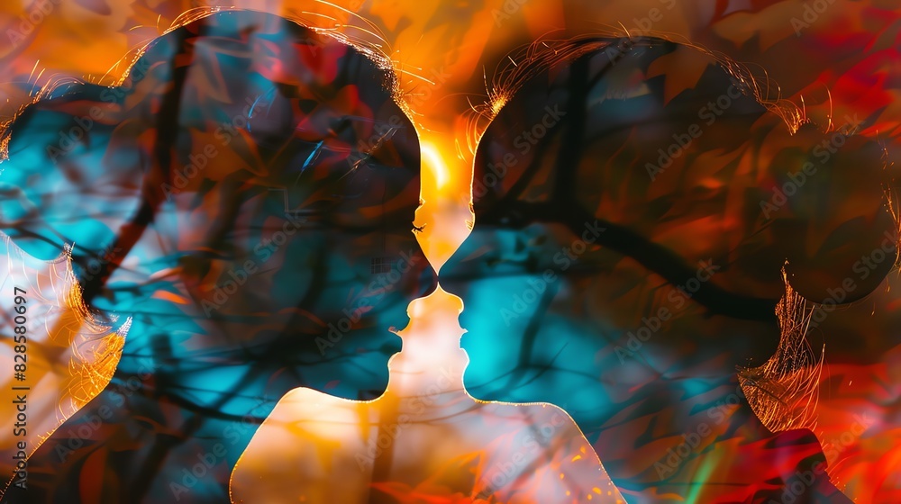 Poster abstract silhouette art of two faces with vibrant colors and nature elements, illustrating connectio