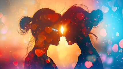 Romantic silhouette of two women embracing, illuminated by a warm sunset and surrounded by colorful heart-shaped bokeh lights.