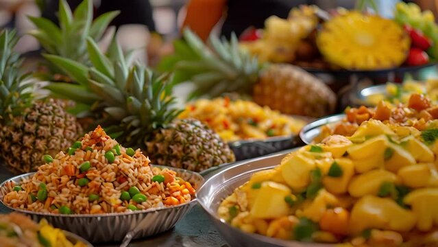 A table filled with a variety of pineapple dishes from pineapple fried rice to pineapple salsa at a community potluck for Pineapple Day.