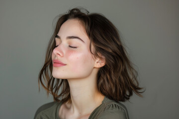 Naklejka premium A close up of a woman's face with her eyes closed looking to a side