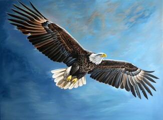 Fototapeta premium A bald eagle flying in the sky with its wings spread wide, against a blue background.