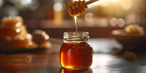 organic honey drips from spoon in jar pouring organic honey from spoon into glass jar.