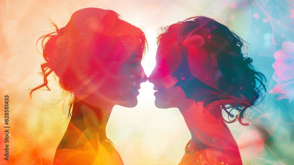 Poster surreal double exposure portrait of two women facing each other with colorful and abstract light eff