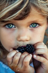 Naklejka premium close-up of a child eating a blackberry. Selective focus