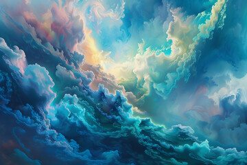 An ethereal masterpiece of abstract art, bursting with vibrant shades of turquoise and blue, capturing the mesmerizing beauty of a colorful cloudscape in the sky