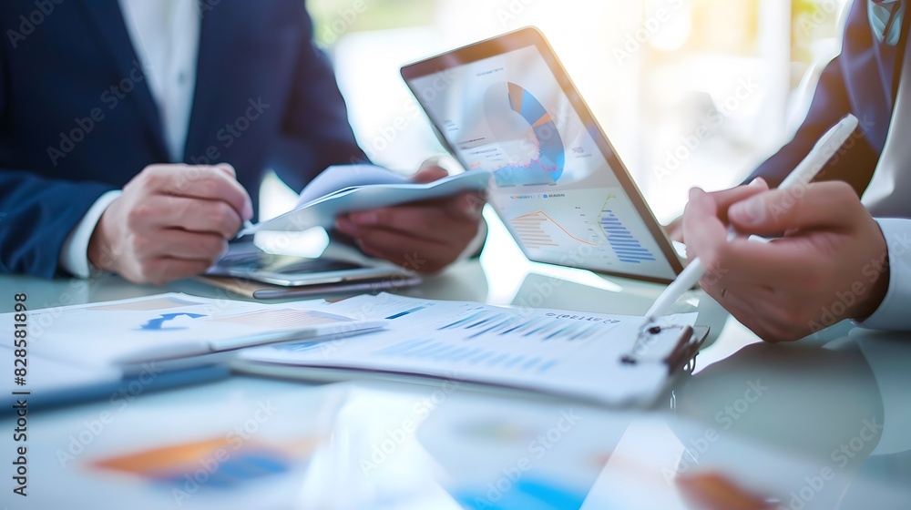 Poster two business professionals review financial graphs and charts on a tablet and documents, discussing 