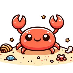 Cute Cartoon Crab on Sandy Beach