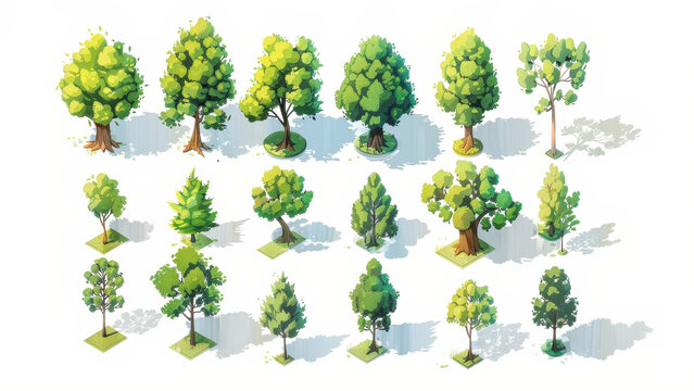 Set of isometric trees in various styles and perspectives