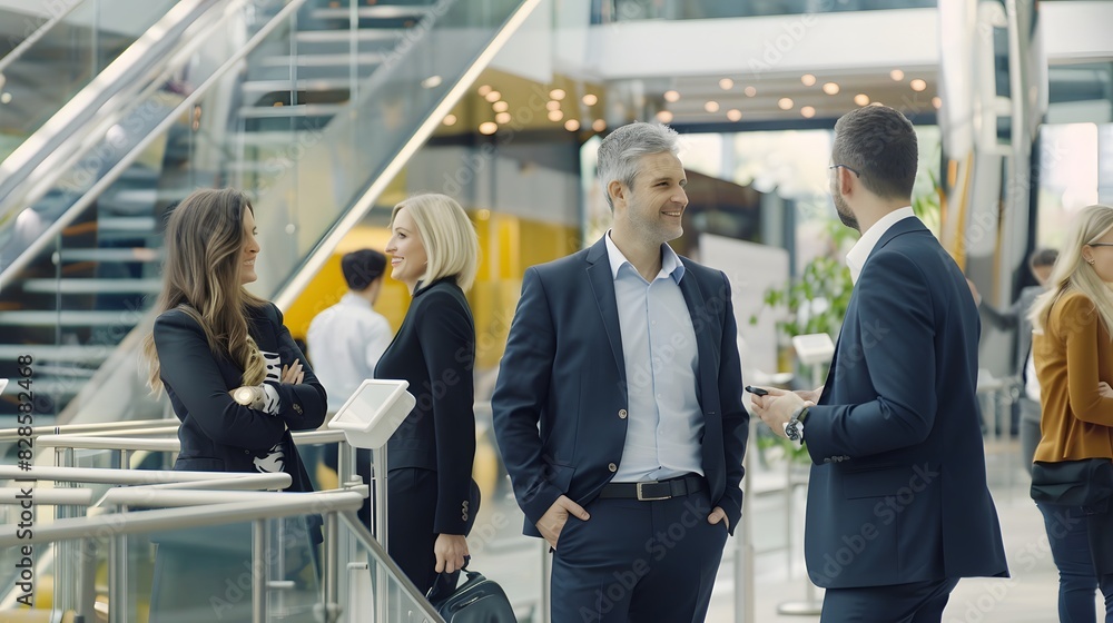 Poster a group of business professionals networking and conversing during a trade show event in a modern, w