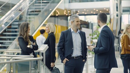 A group of business professionals networking and conversing during a trade show event in a modern, well-lit setting.