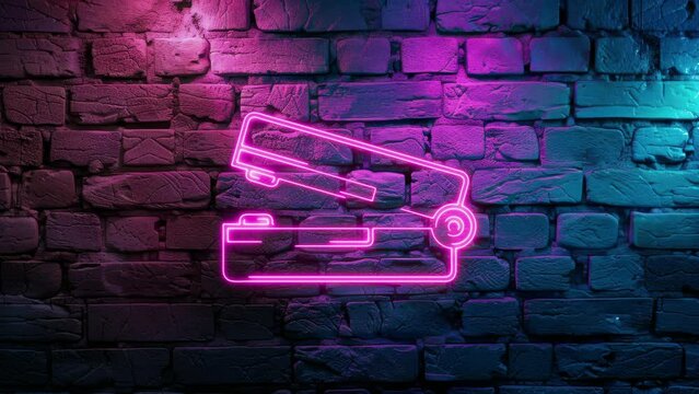 Video footage of Pink glowing Stapler Icon neon icon on brick wall background. Looped Neon abstract Lines. Laser Pictogram animation. Seamless loop. 4k video.