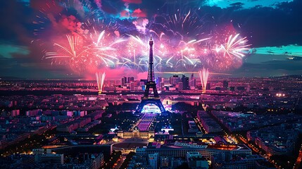 Paris 2024 Summer Olympic Games stadium, Eiffel Tower and fireworks in the background, vibrant and cinematic scene