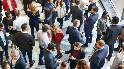 Diverse professionals engage in lively networking at a business conference, exchanging ideas and building connections in a bustling environment.