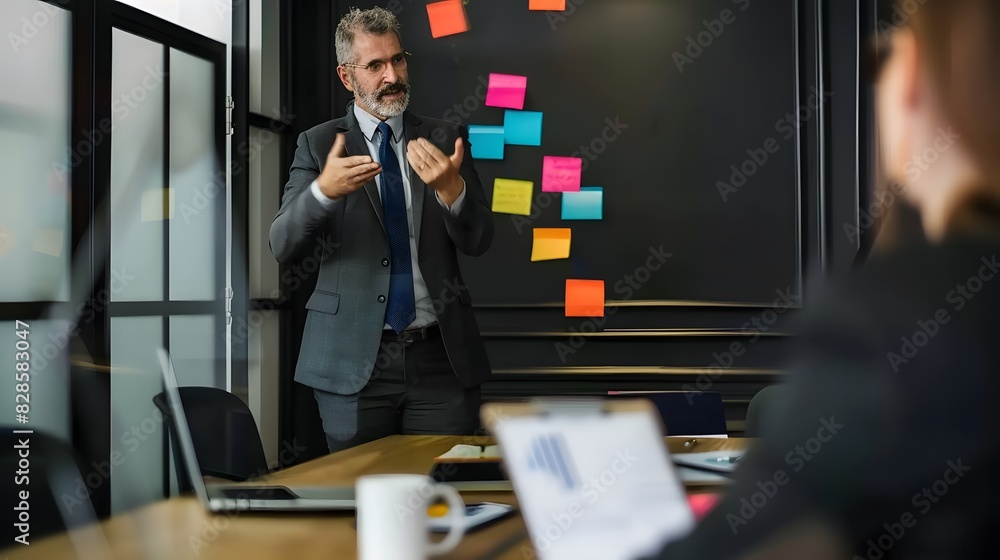 Poster manager conducting a performance review with an employee in a modern office setting, discussing repo