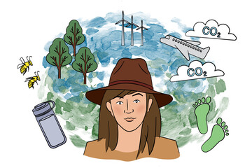 illustration of a woman wearing a hat, surrounded by symbols and objects that represent different ways and means of reducing carbon in the atmosphere contributing to climate change and global warming
