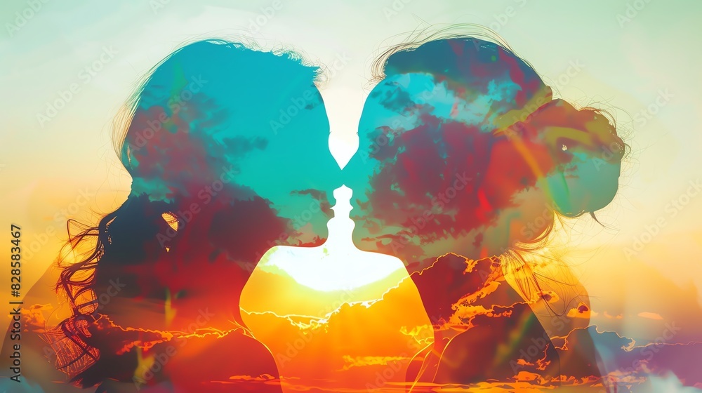 Poster double exposure of two people facing each other with a colorful sunset and clouds in the background,