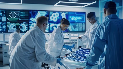 A team of diverse scientists collaborating in a high-tech lab, analyzing data on advanced medical equipment with digital screens in the background.