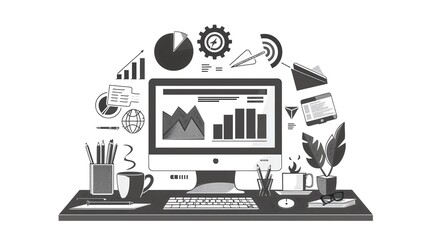 Digital marketing flat design front view business theme cartoon drawing black and white