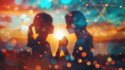 Fototapeta premium Silhouette of two people holding hands at sunset with vibrant bokeh lights and abstract geometric patterns in the background.