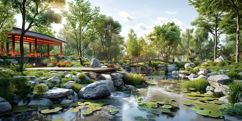 Chinese Courtyard Garden with Bonsai, Waterfall, and Stream