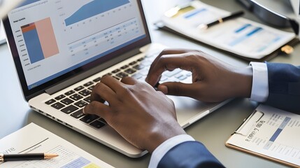 Business professional analyzing charts and graphs on a laptop while reviewing financial documents in a modern office setting.