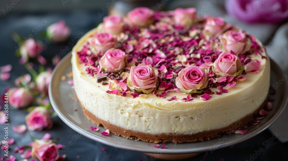 Sticker White Chocolate Adorned Cheesecake with Floral Rose Cream