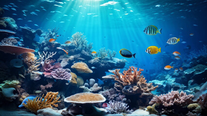 Underwater world with a picturesque coral reef. Here you can see a variety of coral species of...