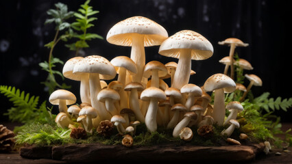 Fototapeta premium a group of red and white spotted mushrooms, probably Amanita muscaria, growing among green foliage.