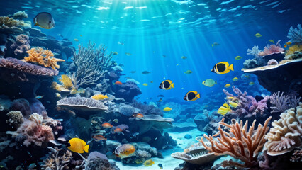 Obraz premium Underwater world with a picturesque coral reef. Here you can see a variety of coral species of different shapes and colors.