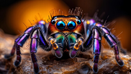 Fototapeta premium The spider has large, prominent blue eyes with smaller eyes next to them. Its body and legs have bright colors and patterns, including shades of purple, blue, and orange.