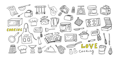 Set of kitchen tools, kitchenware, kitchen equipments in doodle style. microwave, mixer, toaster. Love cooking. Great for restaurant menu, recipe book and wallpaper.