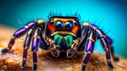 The spider has large, prominent blue eyes with smaller eyes next to them. Its body and legs have bright colors and patterns, including shades of purple, blue, and orange.