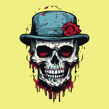 illustration of a skull head wearing a hat decorated with roses